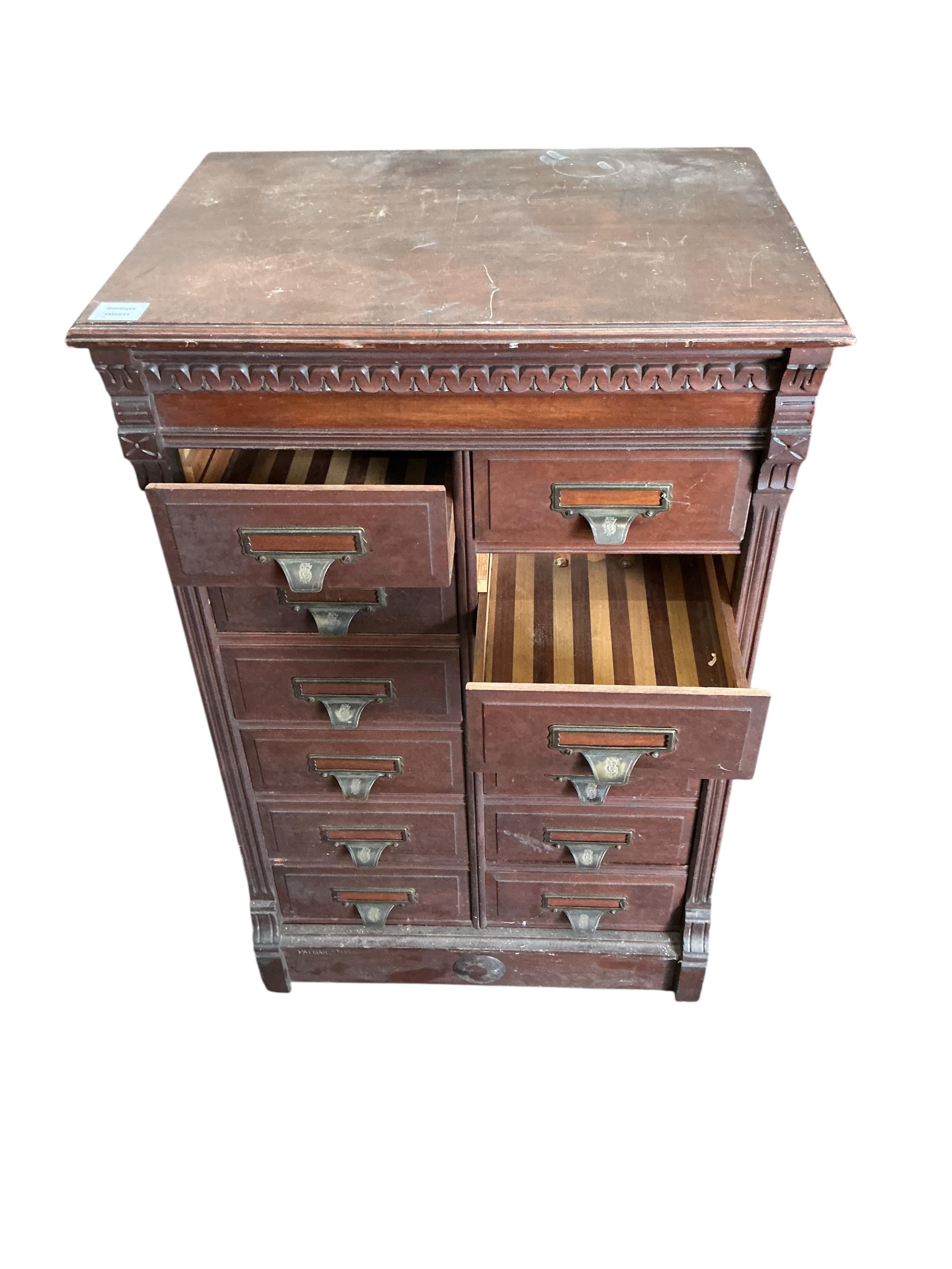 An early 20th century mahogany twelve drawer filing chest, width 62cm, depth 46cm, height 97cm